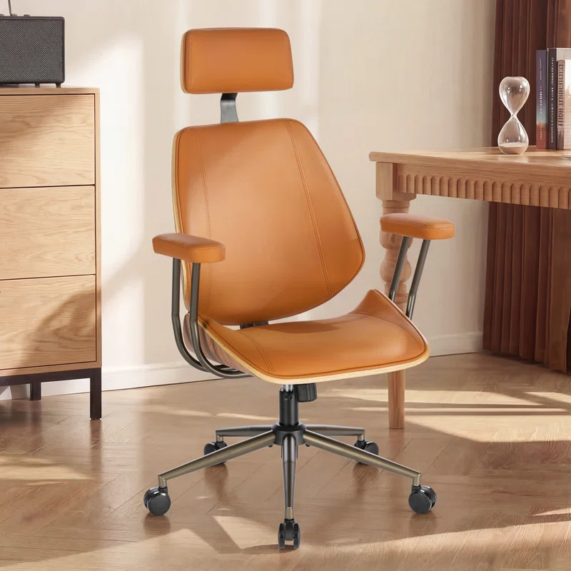 Mid-Century Modern Ergonomic Office Chair with Headrest, Faux Leather & Wood Frame