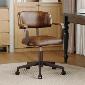 Mid-Century Modern Faux Leather Office Chair with Wood Accents, Adjustable Height Task Chair